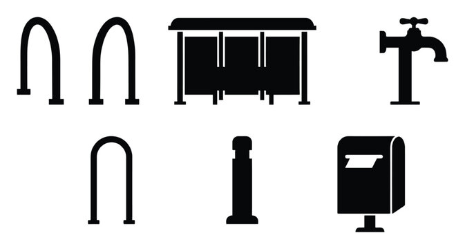Collection of urban street furniture icons including bike racks bus stop water tap bollard and mailbox suitable for public service applications
