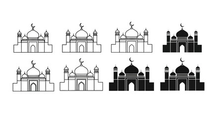 Collection of mosque icons. Traditional Islamic architecture with domes and crescent moon symbols. Outline and solid silhouette styles for religious and cultural design © charli