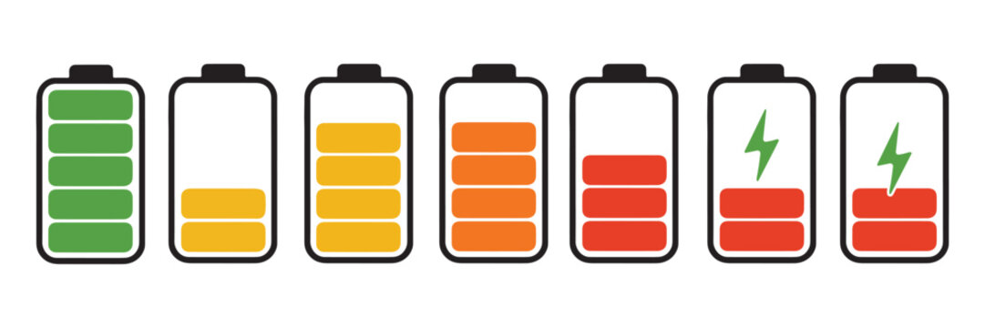 Colorful battery level status icons displaying full to low energy with charging lightning.