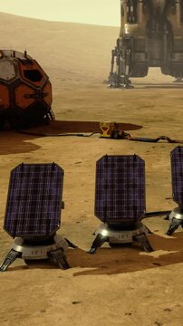 Futuristic solar panels stand on the dusty surface of Mars, harnessing sunlight for energy.
