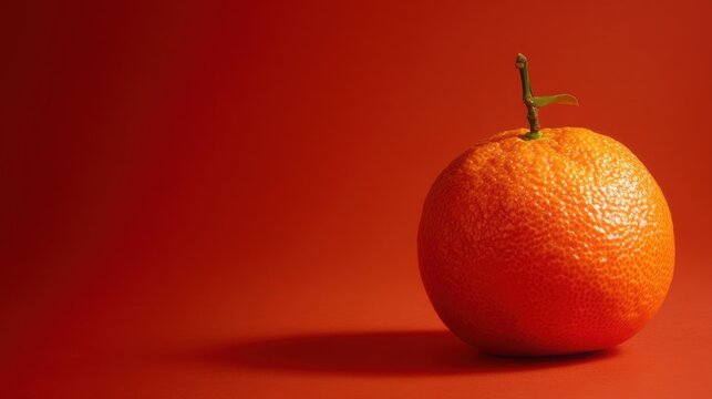 An orange with vivid texture and green stem placed on pure red background with soft shadow and side lighting.