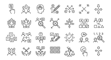 Naklejka premium Business Strategy and Planning Icons Decision Making, Process Flow, and Problem Solving