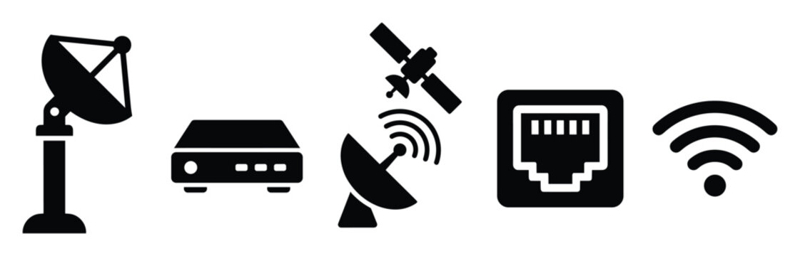 Collection of communication and network technology icons including satellite dish, modem, ethernet port, and wifi signal for web applications and digital infographics