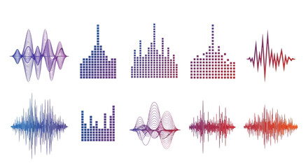 Collection of abstract sound wave visualizations and digital audio spectrum displays, illustrating various frequency patterns and equalizer graphics with vibrant gradient colors © charli