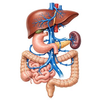 Human Digestive System and Hepatic Portal Vein Anatomy Illustration with Blood Flow Direction Arrows