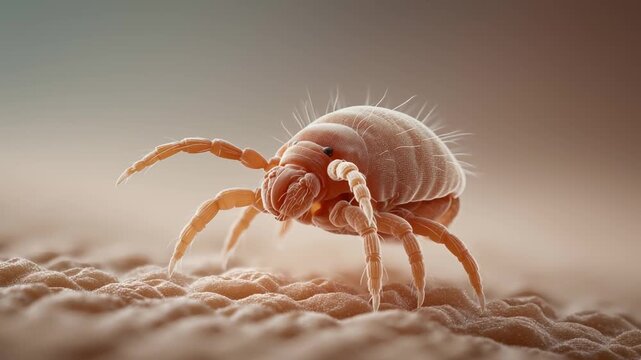 Macro view of a microscopic mite standing on a textured surface in a close-up shot