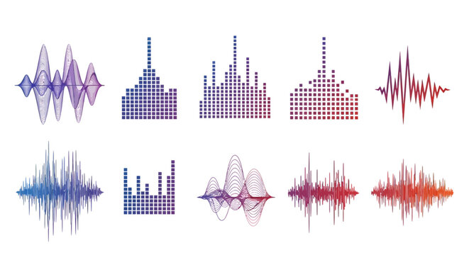 Collection of abstract sound wave visualizations and digital audio spectrum displays, illustrating various frequency patterns and equalizer graphics with vibrant gradient colors