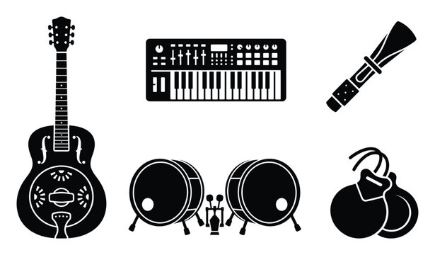 Collection of diverse musical instruments, including string, electronic, and percussion, presented as modern flat black icons for music education resources and audio production applications.