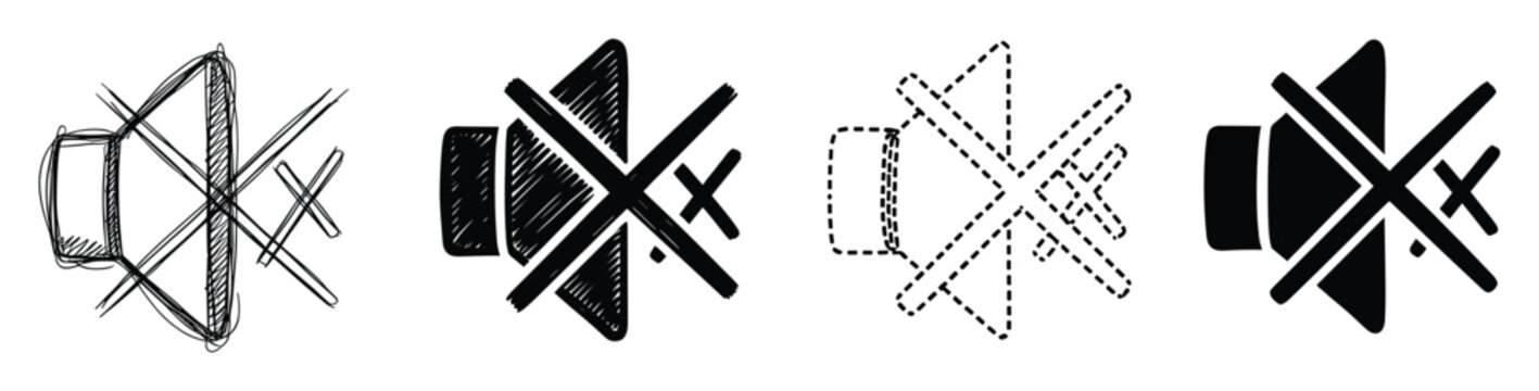 Various stylized mute sound speaker icons depicting an audio volume symbol with a diagonal line indicating no sound for user interface buttons, web design, or app development