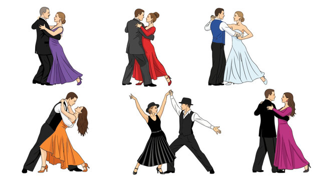 Vibrant collection of illustrated couples gracefully performing a variety of ballroom and Latin dances, capturing the elegance, passion, and diverse styles of partner dancing with dynamic movement