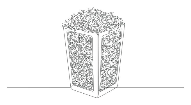 Continuous line drawing of a tall rectangular container overflowing with abstract shredded material, perfect for modern graphic resources and decorative design elements.