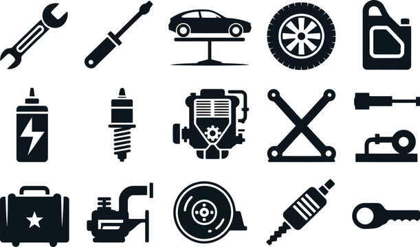 Automotive tools and parts icons set black silhouette collection
