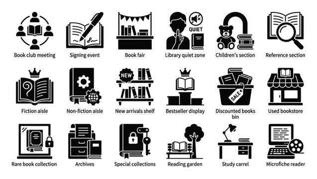 Extensive book and library icon set illustrating various reading activities, special collections, and study zones for educational and publishing project visuals