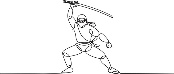 Continuous one line drawing man ninja in mask standing on stance, raising katana sword high for powerful overhead strike, illustrating focus action. one line icon drawing vector © MDROBIUL