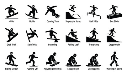Fototapeta premium Collection of snowboarding actions and tricks pictograms illustrating various movements and essential activities, perfect for educational materials, sport guides, or winter promotions.