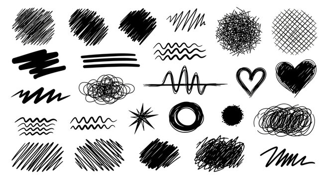 Versatile collection of hand-drawn black scribbles, abstract doodles, and organic line art elements. This varied graphic asset pack offers unique textures 
