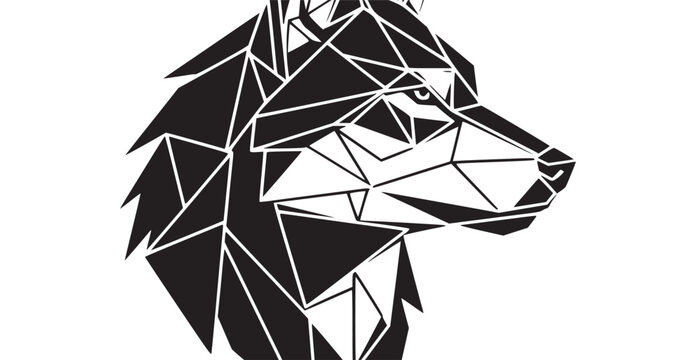A black and white geometric wolf head on a white background
