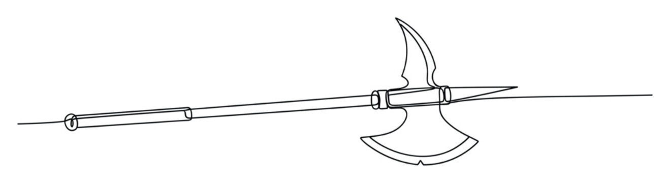 Outline sketch of a classic battle axe halberd weapon created with a single continuous line for historical illustrations and modern graphic design projects