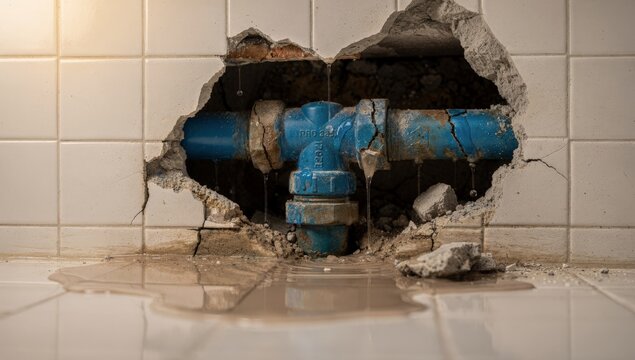 A large hole in a white tiled wall reveals a damaged blue pipe with water leaking onto the floor, indicating a serious plumbing issue that requires immediate attention and repair to prevent further
