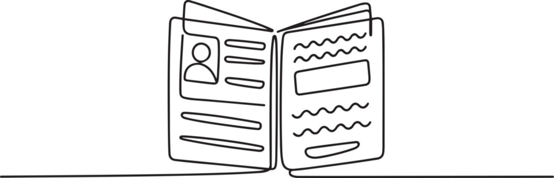 Opened international passport with a photo of a citizen. one line icon drawing vector