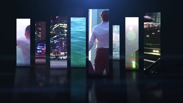 Digital screens displaying diverse city life and business concepts