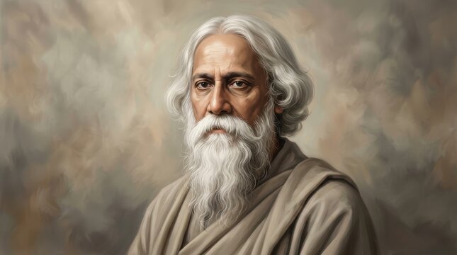 Portrait of rabindranath tagore with white hair and long beard, wearing traditional beige robe, oil painting style