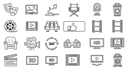 Fototapeta premium Collection of Outline Icons Representing Cinema, Entertainment, and Movie Production Elements