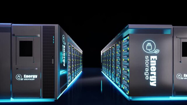 Group of energy storage systems or battery container units on black background