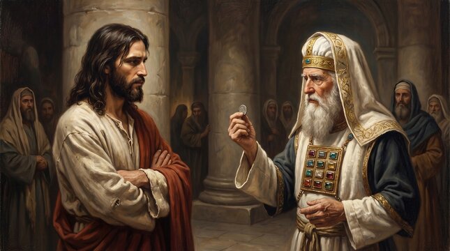 Jesus questioned by high priest holding coin in ancient temple hall
