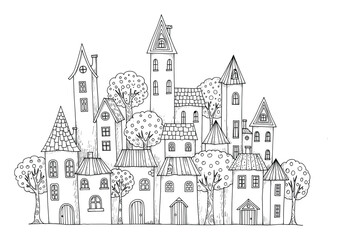 Fototapeta premium Detailed monochrome line art of a whimsical town with many houses and trees, perfect for childrens coloring books or creative storybook projects