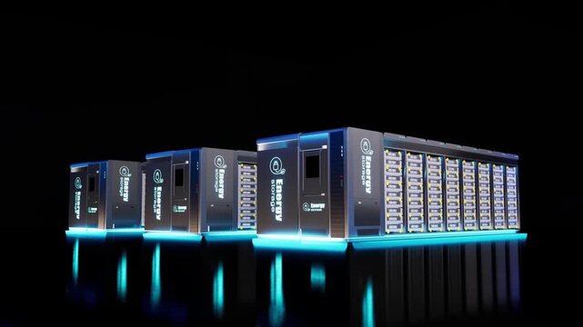 Group of energy storage systems or battery container units on black background