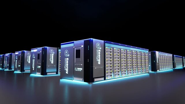 Group of energy storage systems or battery container units on black background