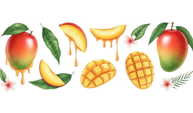 A colorful vector illustration of mango fruits and leaves with honey