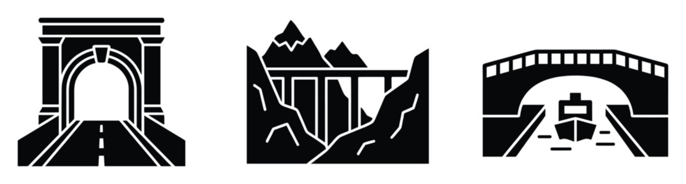 Modern transportation infrastructure symbols depicting a road tunnel, a high bridge over a gorge, and a canal boat under an arch, perfect for informational graphics.