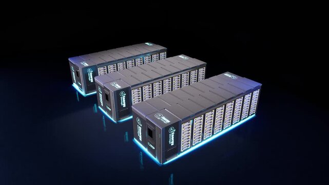 Group of energy storage systems or battery container units isometric