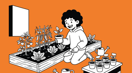 Happy Little Boy Gardening with Organic Plants in Raised Bed Garden Bl © Rina