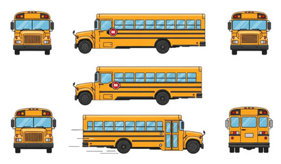A vector graphic illustration of multiple yellow school buses in different views © Ms