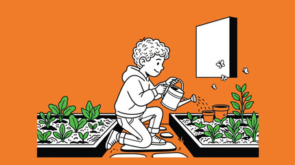 Little Boy Watering Green Plants in Backyard Garden Illustration Child © Rina