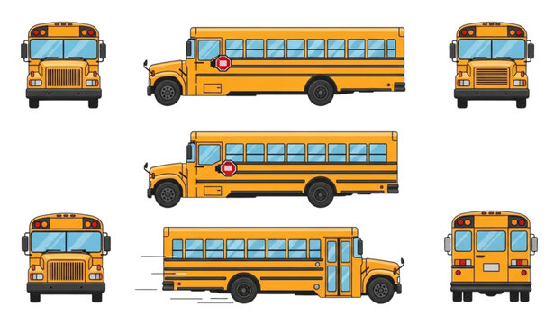 A vector graphic illustration of multiple yellow school buses in different views