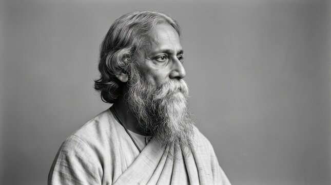 Portrait of rabindranath tagore, an elderly indian man with a long white beard and traditional robes, profile view