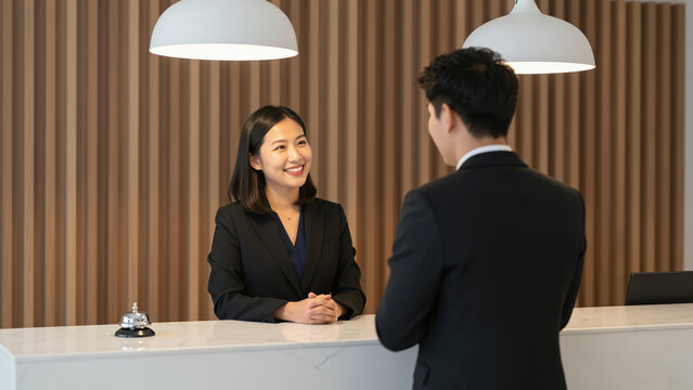 Professional Travel Concierge Service &ndash; Friendly Female Operator at Modern Reception Desk for Luxury Travel Planning and Customer Assistance
