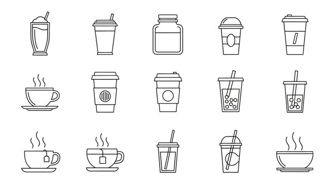 Collection of popular beverage container icons representing various drinks for graphic design and branding purposes