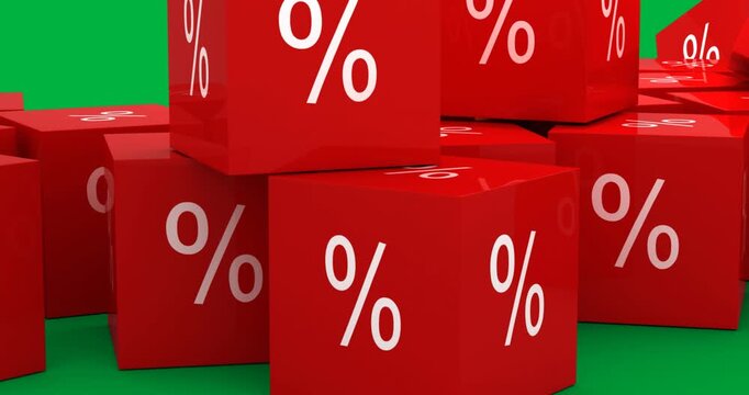 Digital animation of percentage symbol on multiple red cubes against black background