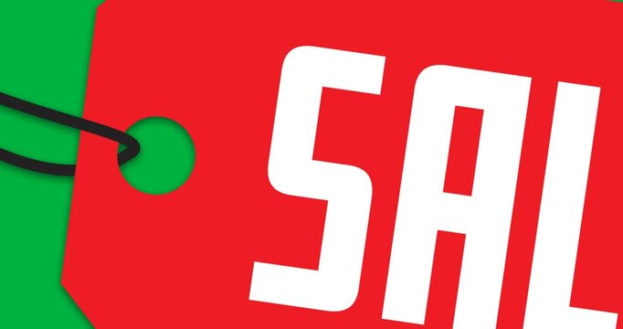 Revealing red tag rotating and scaling on flat canvas, with SALE lettering, black hole and strings