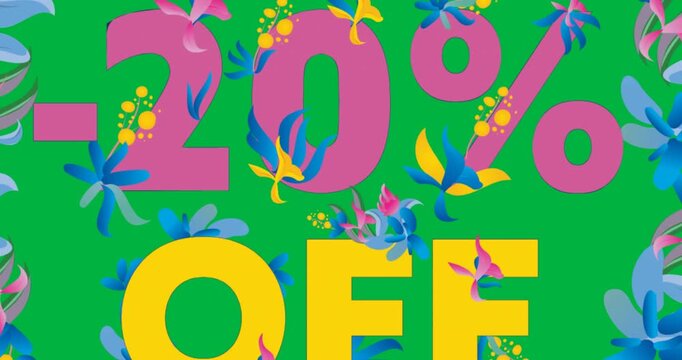Digital animation of floral designs over 20 percent off text against black background