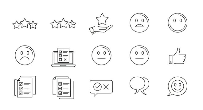 Clean vector line icons for customer feedback, satisfaction ratings, and survey responses. Evaluate user experience, product quality, and online review systems effectively