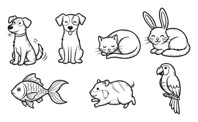 Obraz premium Collection of different domestic animals including dogs, cats, rabbits, fish, hamsters, and parrots depicted in a simple outline drawing style for various pet themed projects and