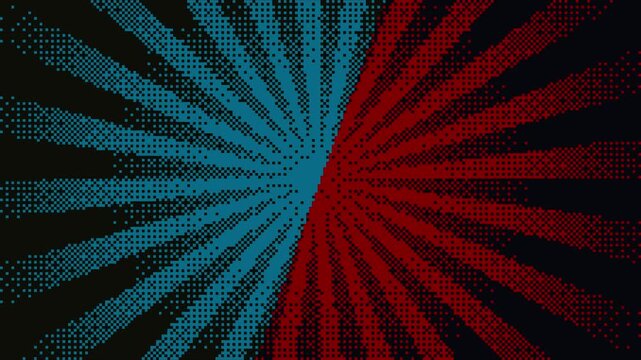 Pixel art radial burst background rotating in seamless loop. Blue and red contrast with dithering effect creates retro dynamic motion.