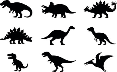 Obraz premium Collection of dinosaur silhouettes featuring various species in playful arrangement, educational prehistoric animal set in simple vector illustration style
