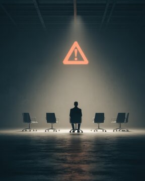 Stressed employee sitting alone in meeting room, floating warning icon above, empty chairs around